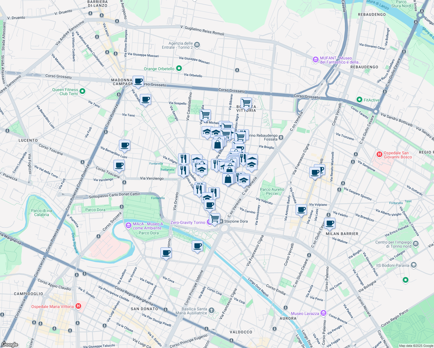 map of restaurants, bars, coffee shops, grocery stores, and more near 31 Via Vittoria in Turin