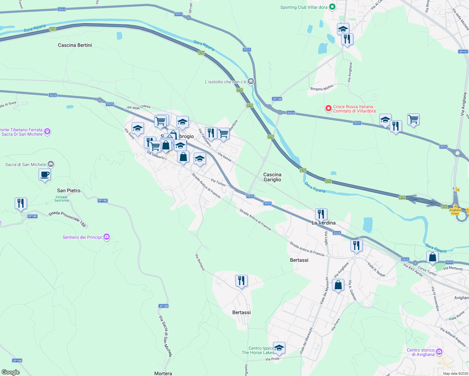 map of restaurants, bars, coffee shops, grocery stores, and more near SS25 in Sant'ambrogio di Torino