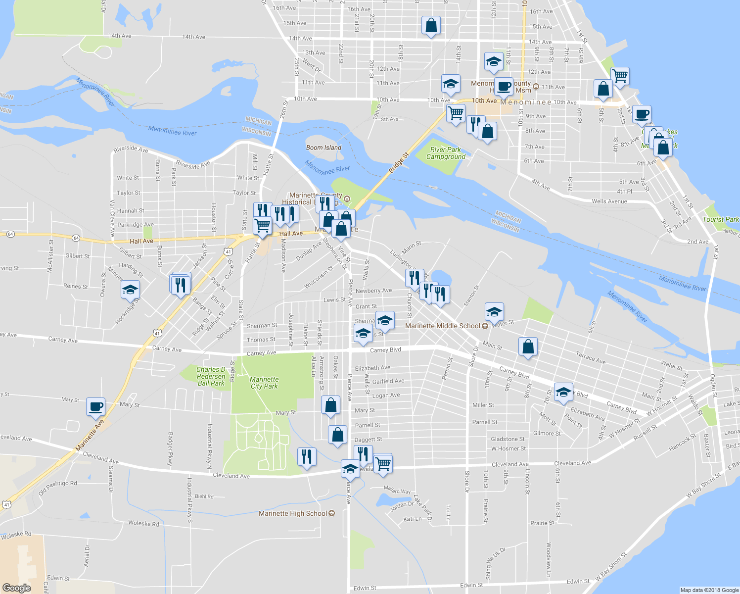 map of restaurants, bars, coffee shops, grocery stores, and more near 910 Wells Street in Marinette