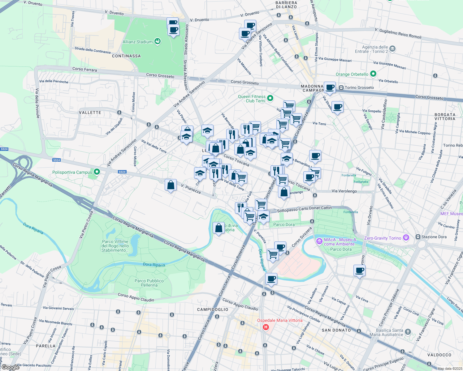 map of restaurants, bars, coffee shops, grocery stores, and more near 107 Via Val della Torre in Torino