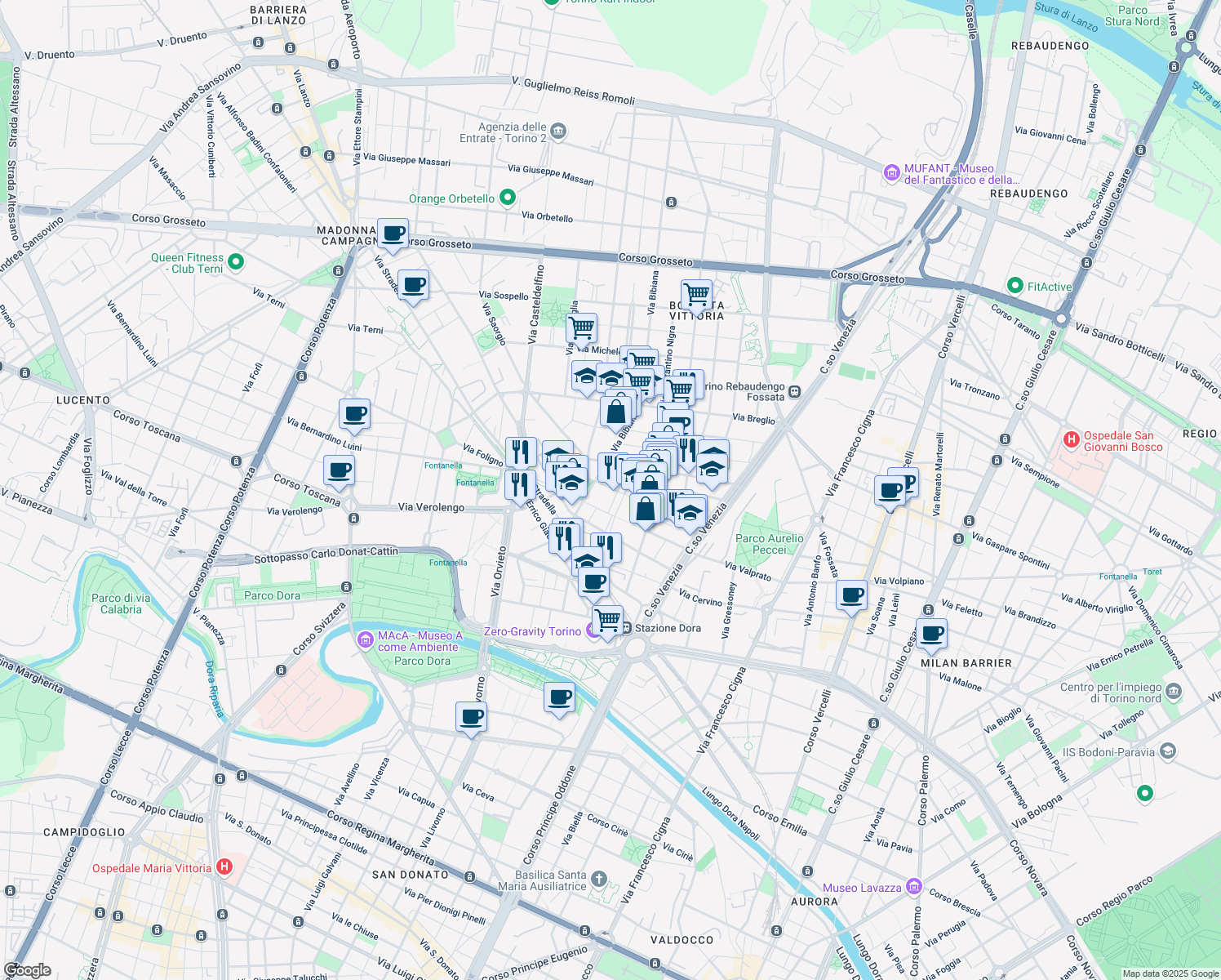map of restaurants, bars, coffee shops, grocery stores, and more near 31 Via Vittoria in Turin