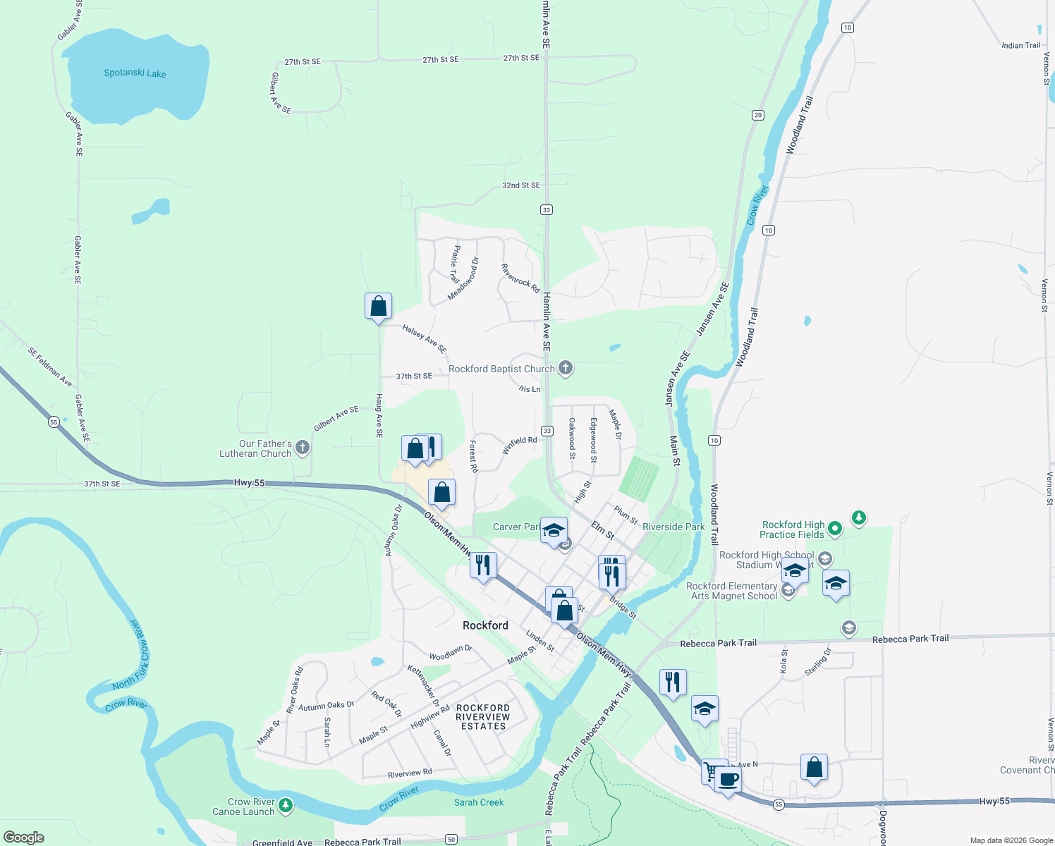 map of restaurants, bars, coffee shops, grocery stores, and more near 6621 Winfield Circle North in Rockford