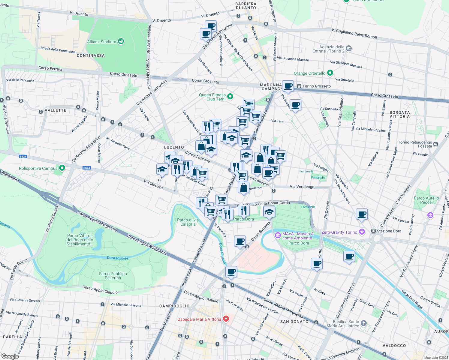 map of restaurants, bars, coffee shops, grocery stores, and more near 12 Via Mario Crimi in Torino