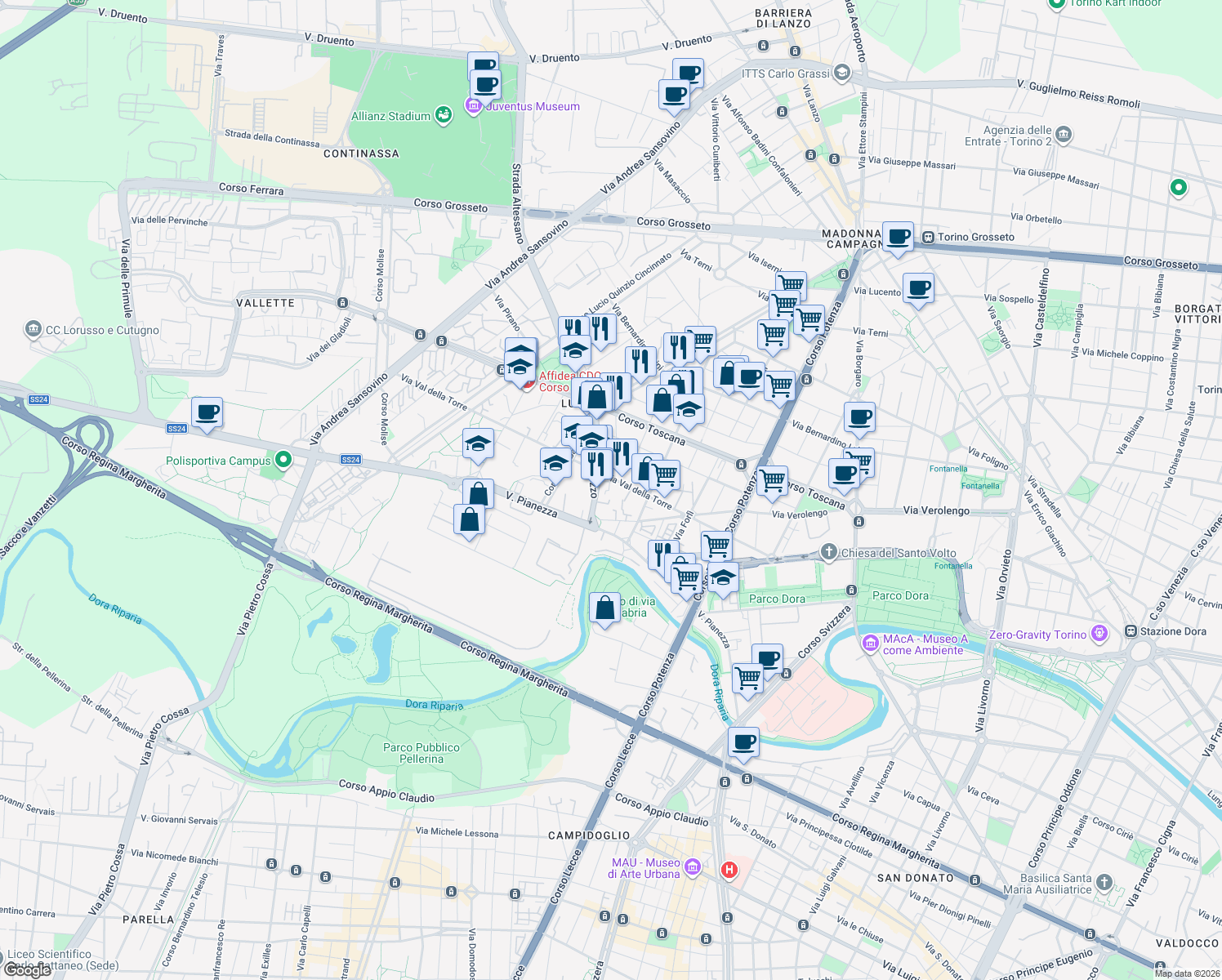 map of restaurants, bars, coffee shops, grocery stores, and more near 6 Via Muzzano in Torino