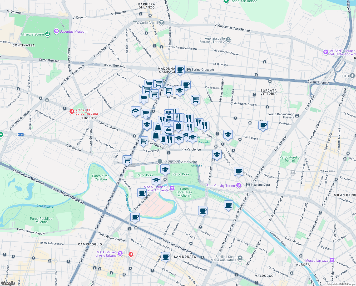 map of restaurants, bars, coffee shops, grocery stores, and more near 47 Via Gubbio in Torino