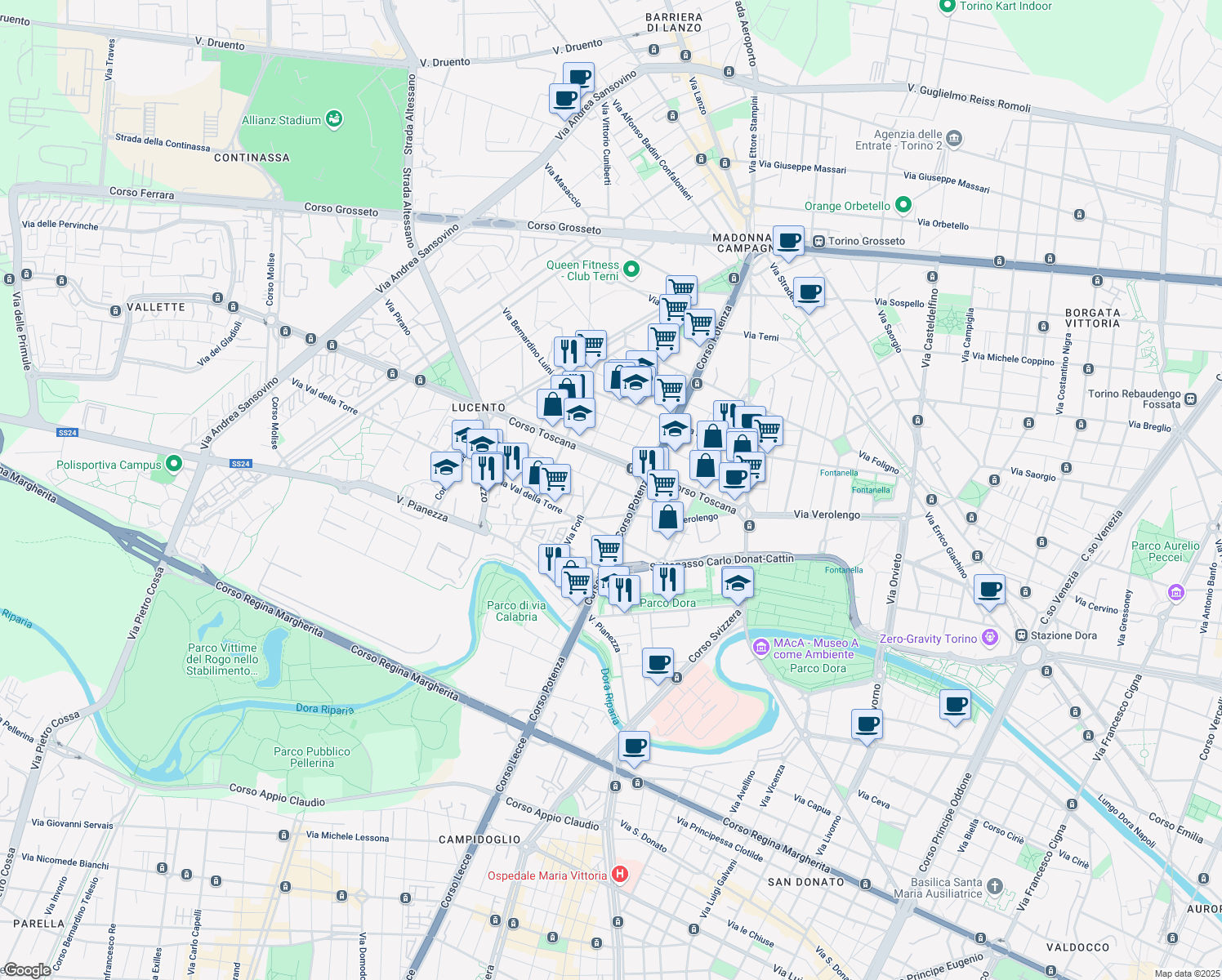 map of restaurants, bars, coffee shops, grocery stores, and more near 12 Via Mario Crimi in Torino