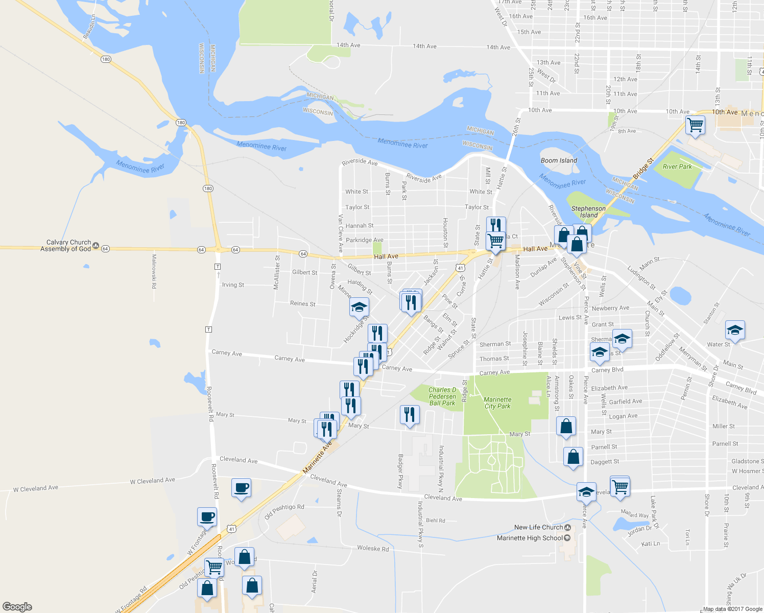 map of restaurants, bars, coffee shops, grocery stores, and more near 1034 Hockridge Street in Marinette