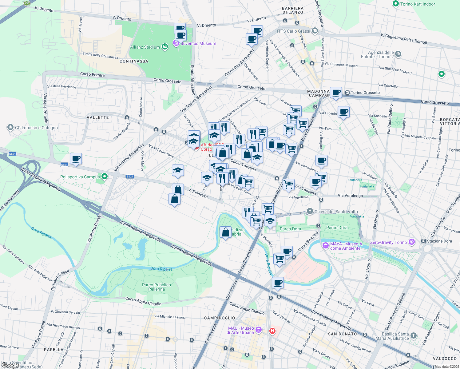 map of restaurants, bars, coffee shops, grocery stores, and more near 2-6 Via Muzzano in Turin