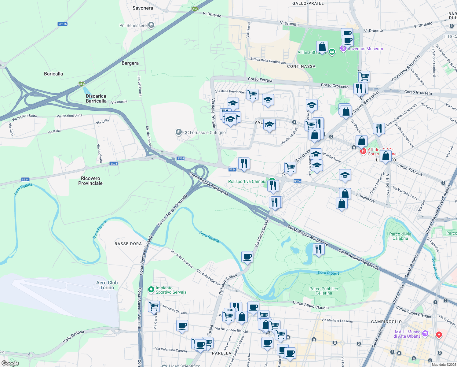 map of restaurants, bars, coffee shops, grocery stores, and more near 33 Via Pianezza in Torino