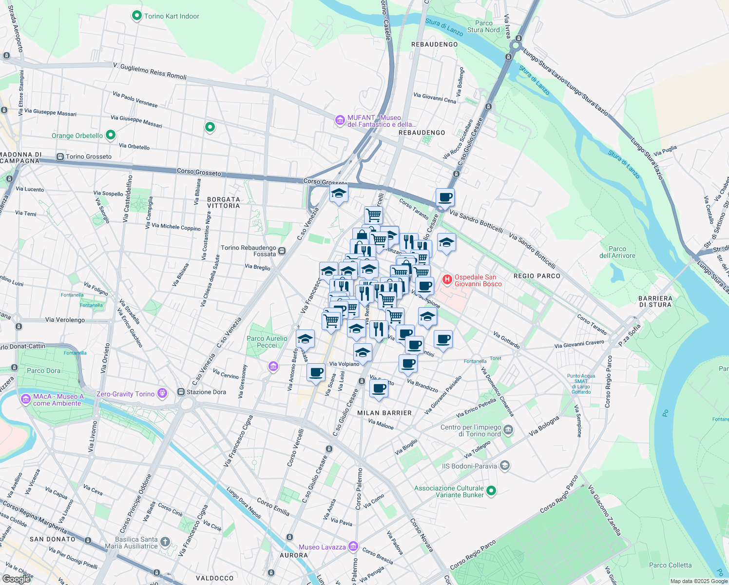 map of restaurants, bars, coffee shops, grocery stores, and more near 69 Via Renato Martorelli in Torino