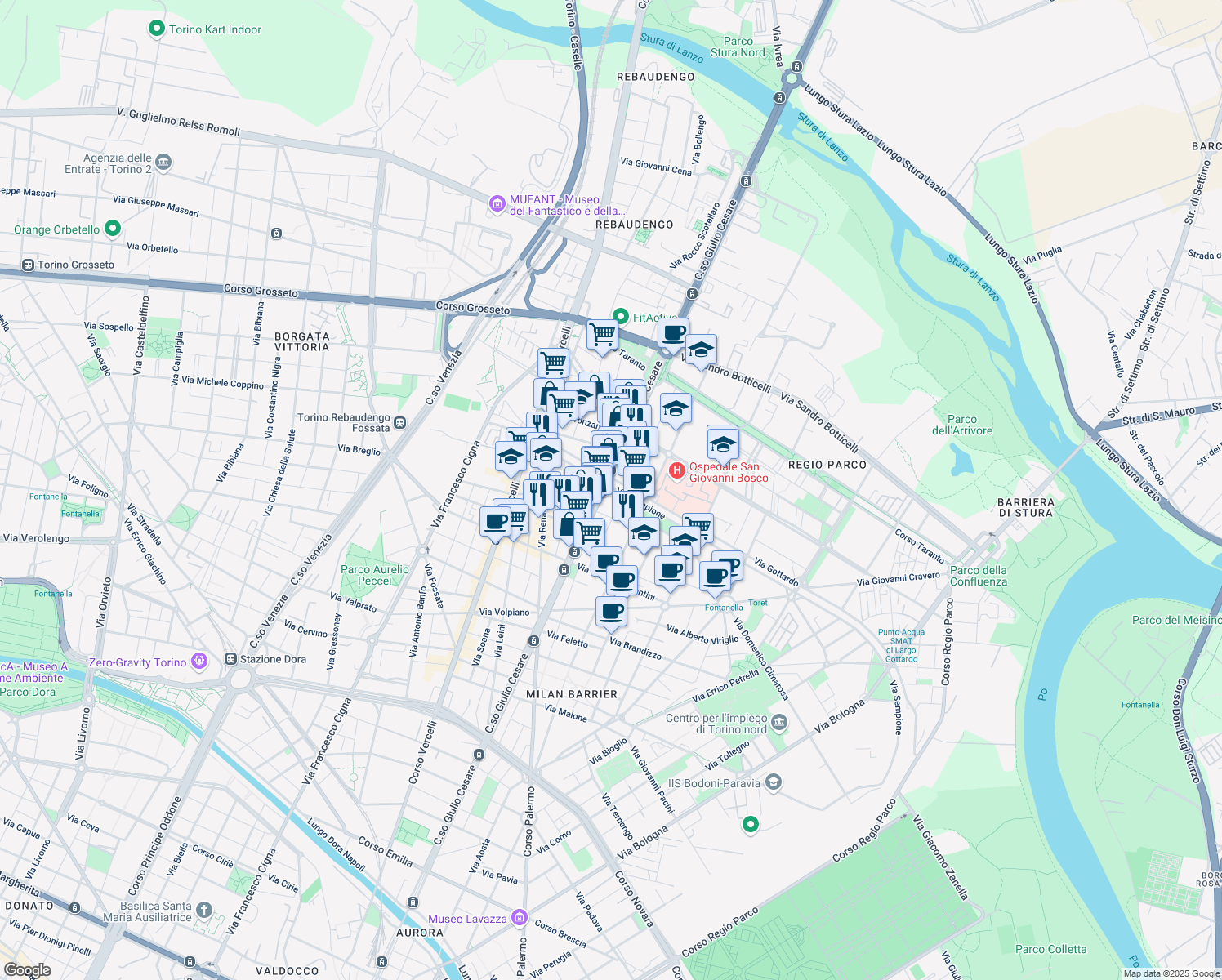 map of restaurants, bars, coffee shops, grocery stores, and more near 117-121 Via Gottardo in Torino