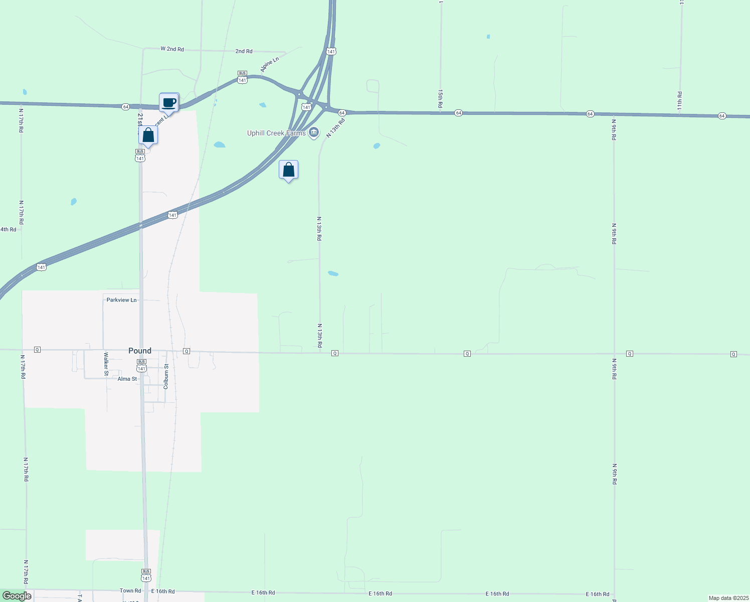 map of restaurants, bars, coffee shops, grocery stores, and more near N3772 North 11th Road in Pound