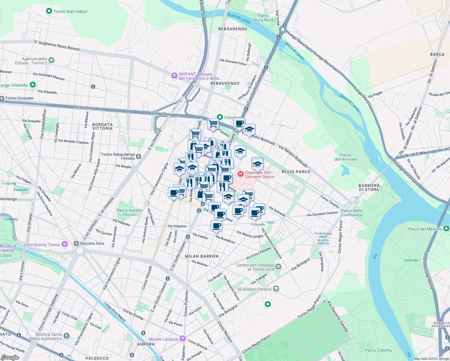 map of restaurants, bars, coffee shops, grocery stores, and more near 121 Via Gottardo in Torino