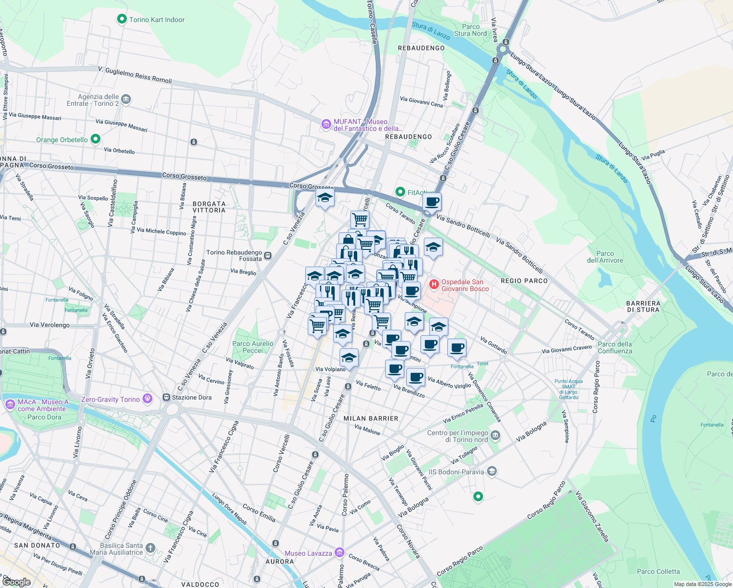map of restaurants, bars, coffee shops, grocery stores, and more near 12 Via Enrico Cavaglià in Turin