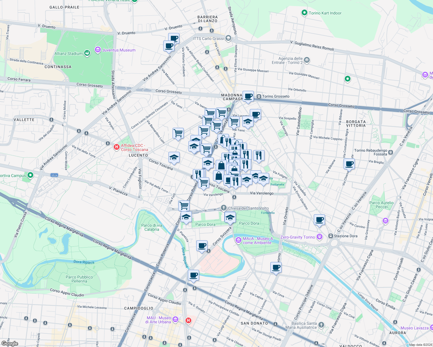 map of restaurants, bars, coffee shops, grocery stores, and more near 22 Via Gerolamo Tiraboschi in Torino