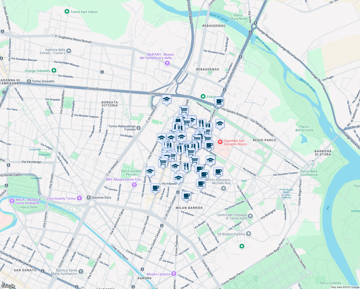map of restaurants, bars, coffee shops, grocery stores, and more near 69 Via Renato Martorelli in Torino