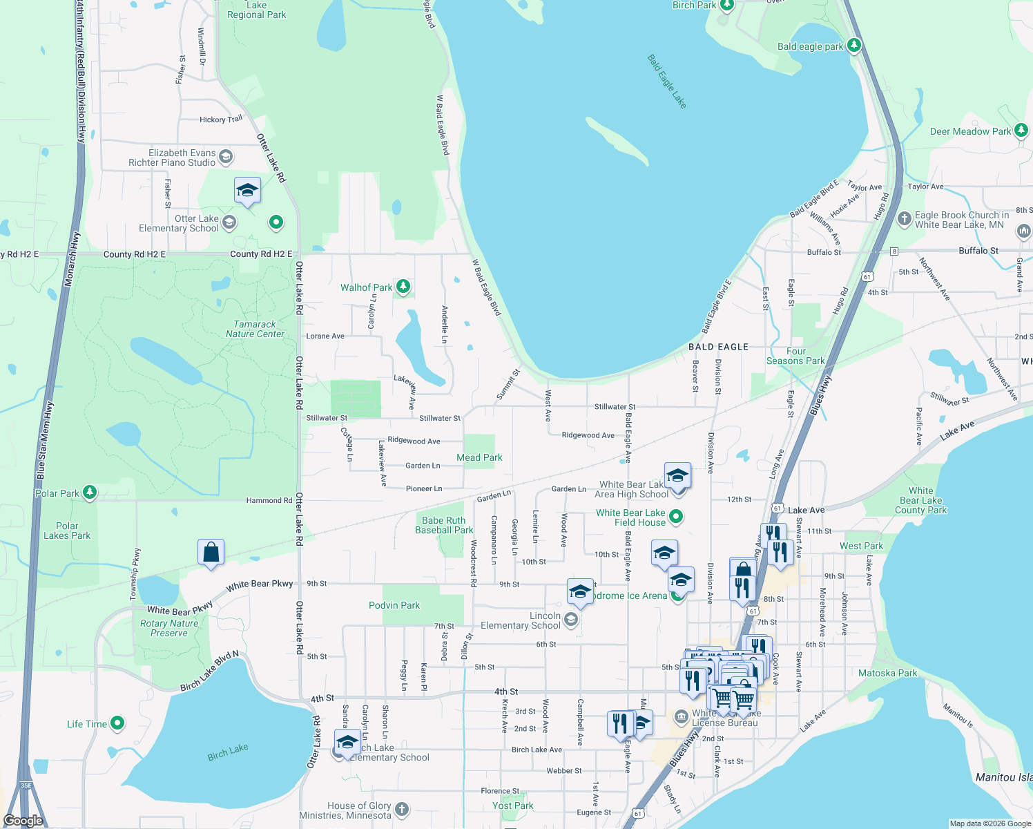 map of restaurants, bars, coffee shops, grocery stores, and more near 5164 Mead Road in White Bear Lake