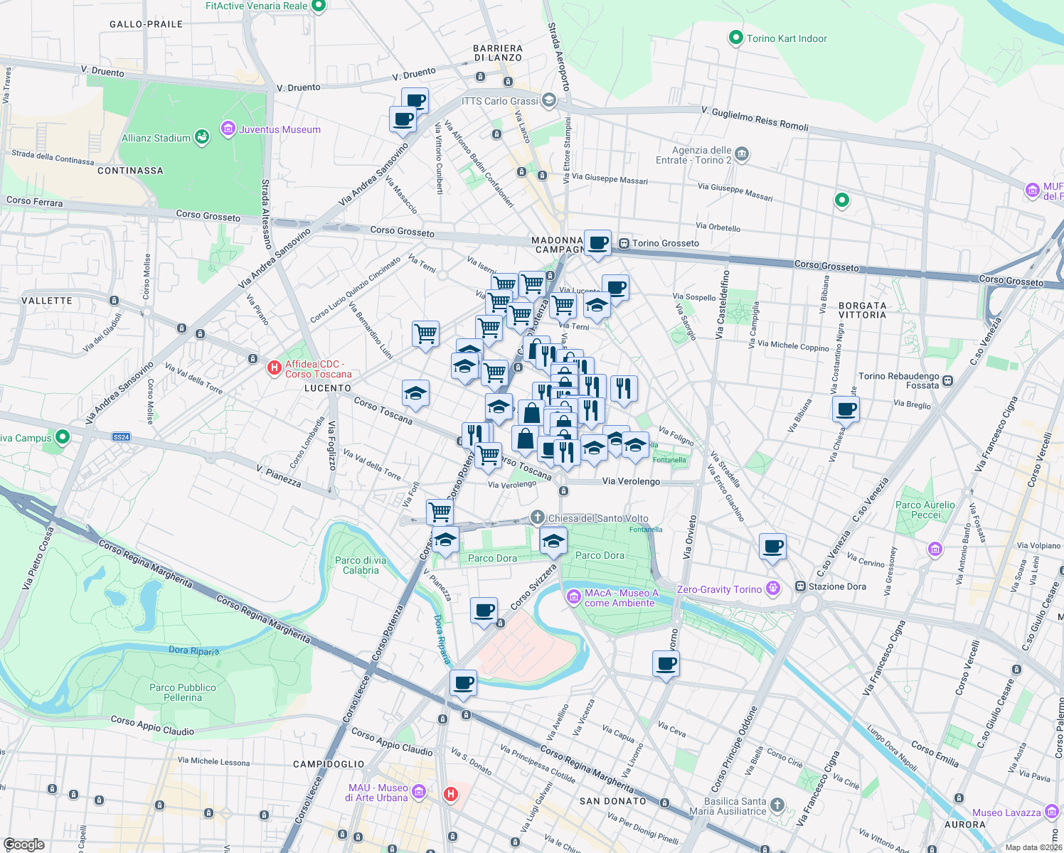 map of restaurants, bars, coffee shops, grocery stores, and more near 18-22 Via Gerolamo Tiraboschi in Turin