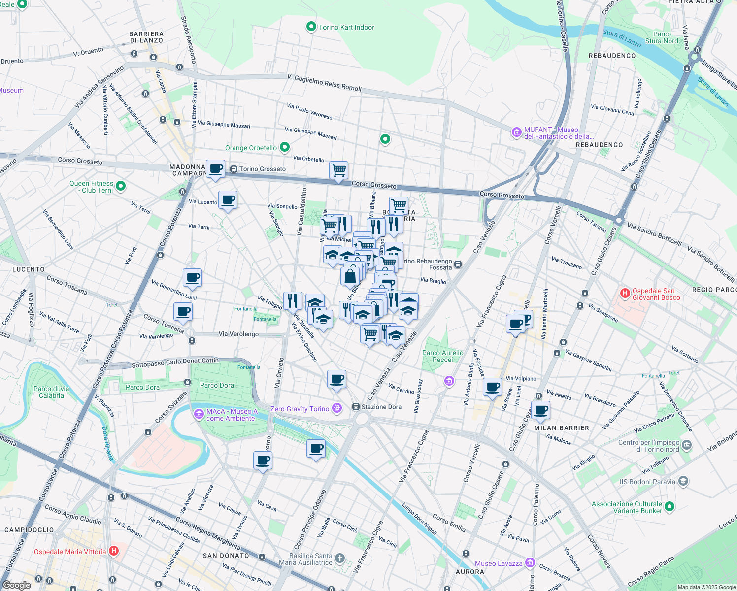 map of restaurants, bars, coffee shops, grocery stores, and more near 16 Via Arturo Colautti in Torino