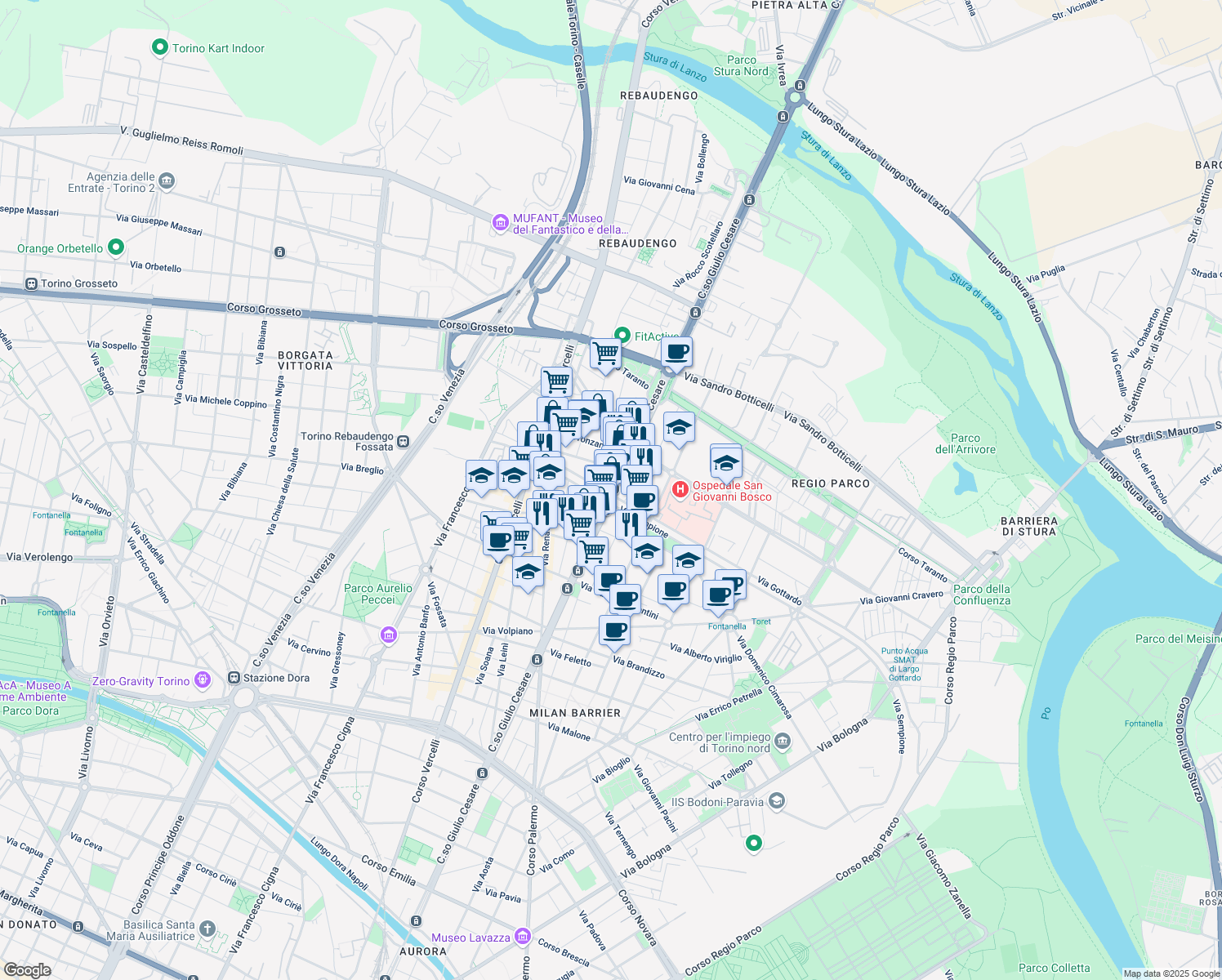 map of restaurants, bars, coffee shops, grocery stores, and more near 138 Via Sempione in Torino