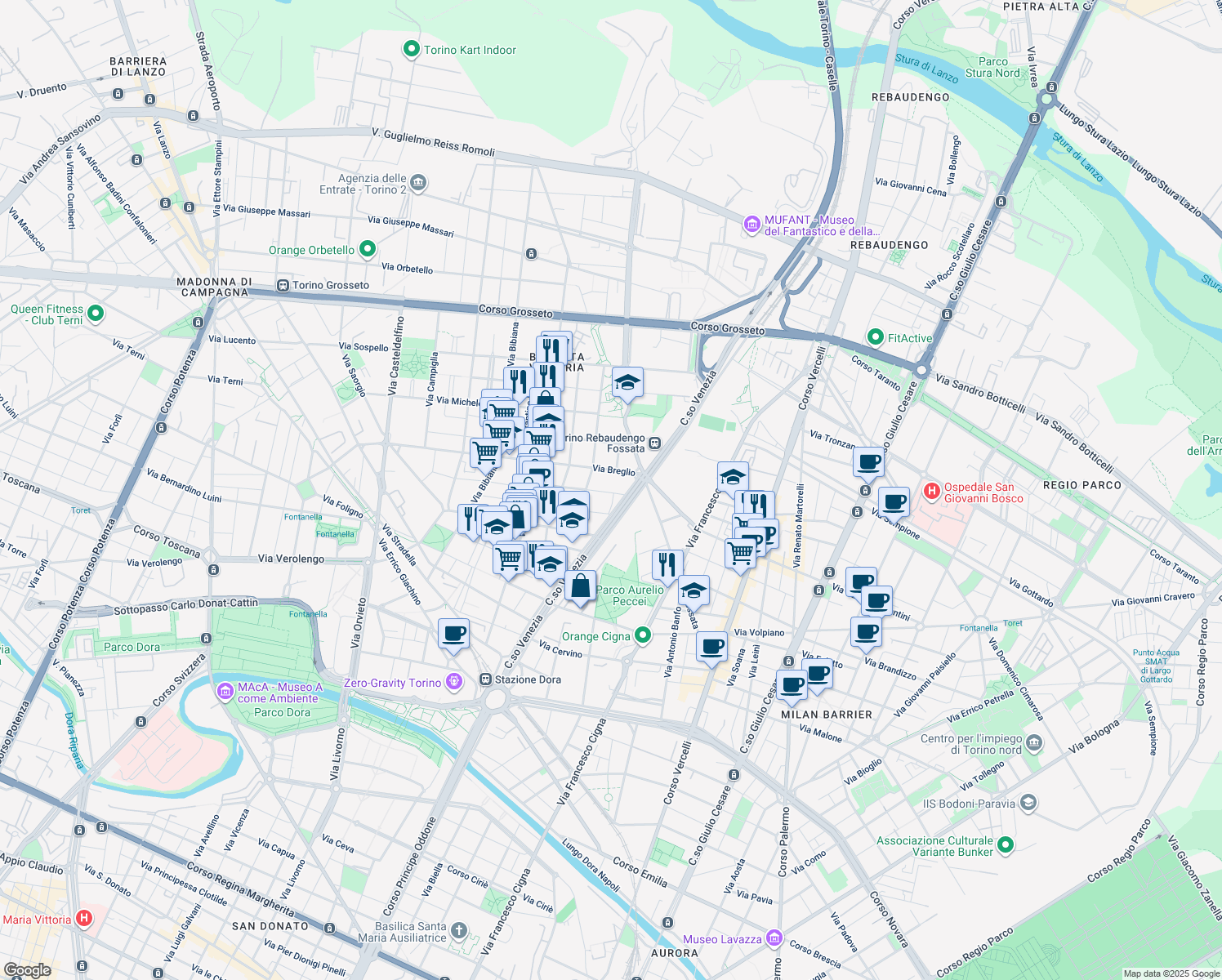 map of restaurants, bars, coffee shops, grocery stores, and more near 117/D Corso Venezia in Torino