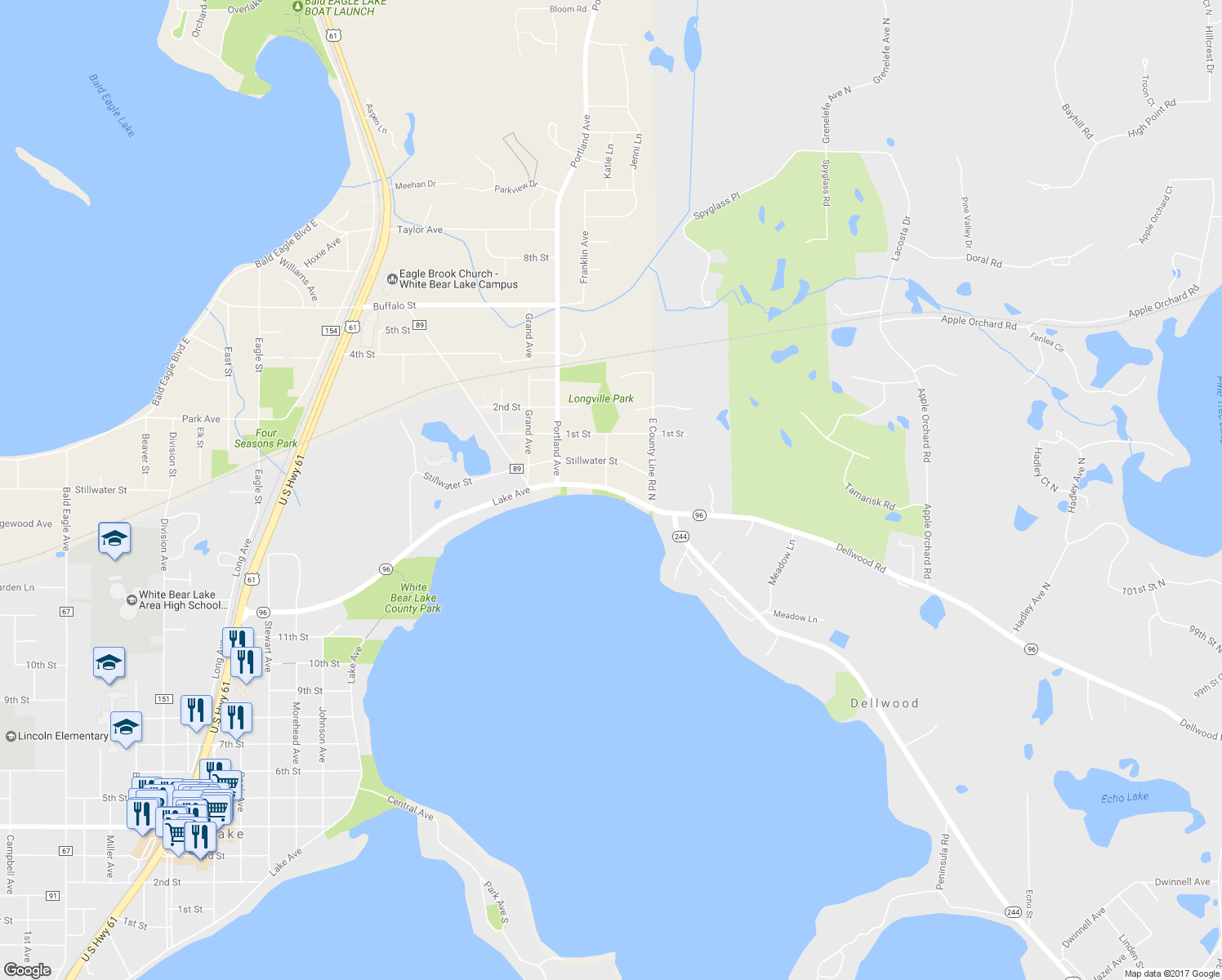 map of restaurants, bars, coffee shops, grocery stores, and more near 2705 Lake Avenue in White Bear Lake