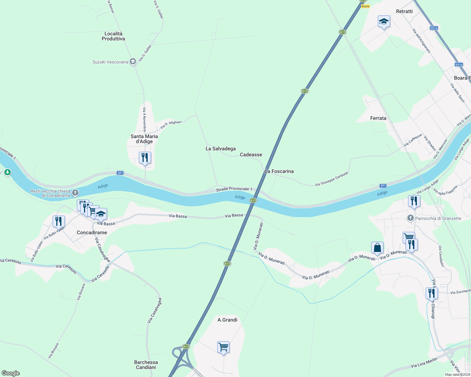 map of restaurants, bars, coffee shops, grocery stores, and more near Strada Provinciale 1 in Provincia di Padova