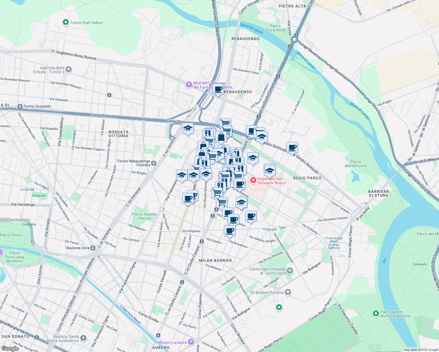 map of restaurants, bars, coffee shops, grocery stores, and more near 4-8 Via Federico Garlanda in Torino