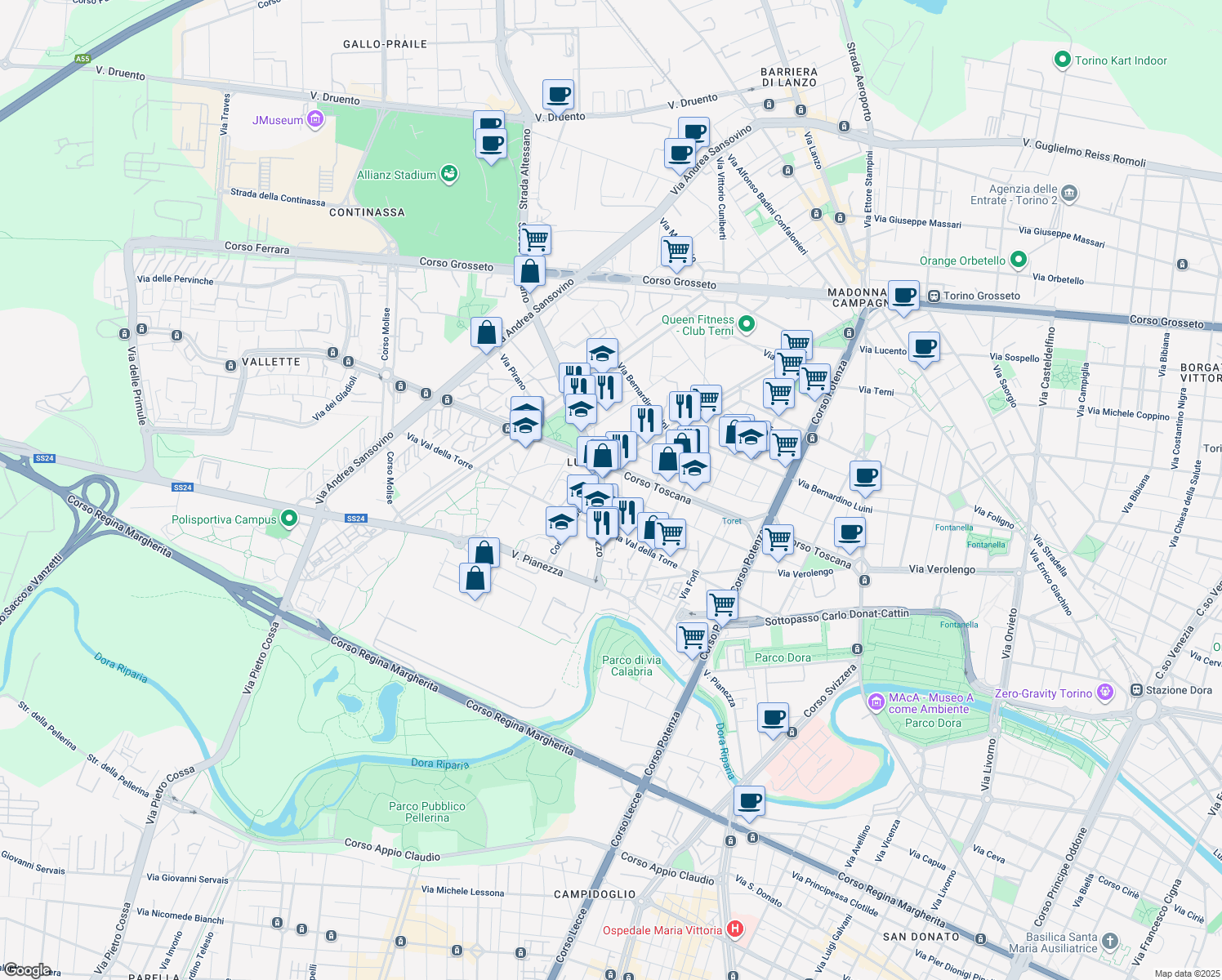 map of restaurants, bars, coffee shops, grocery stores, and more near 99 Corso Toscana in Torino