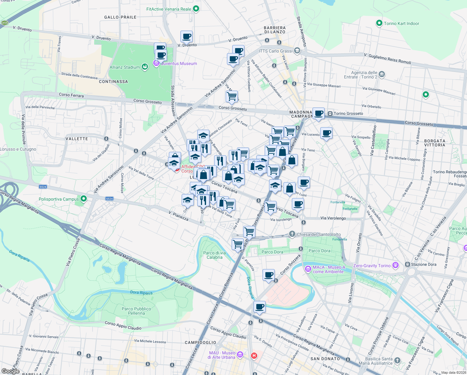 map of restaurants, bars, coffee shops, grocery stores, and more near 34a Via Emilio Brusa in Torino