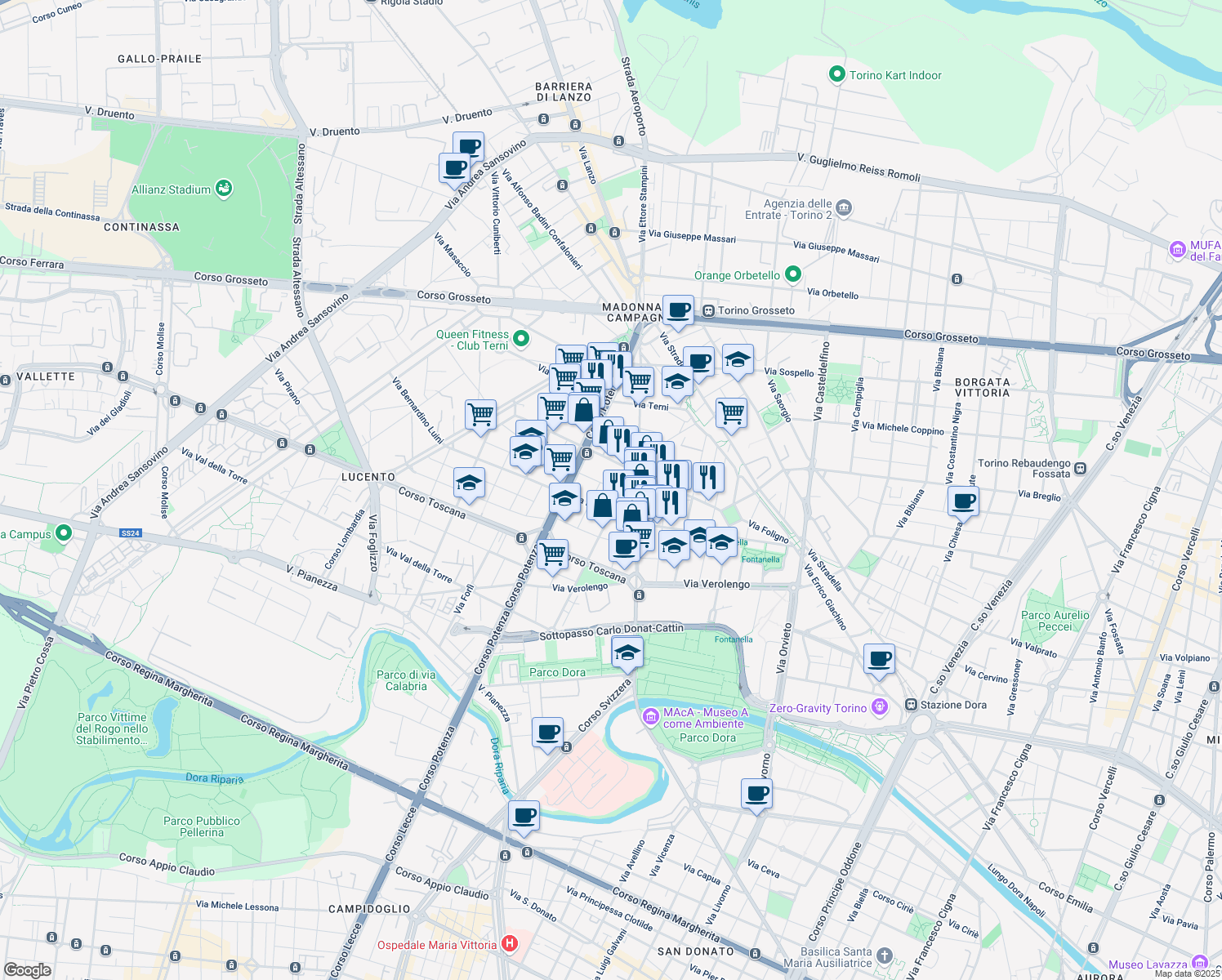 map of restaurants, bars, coffee shops, grocery stores, and more near 2-10 Via Giovan Battista Quadrone in Turin