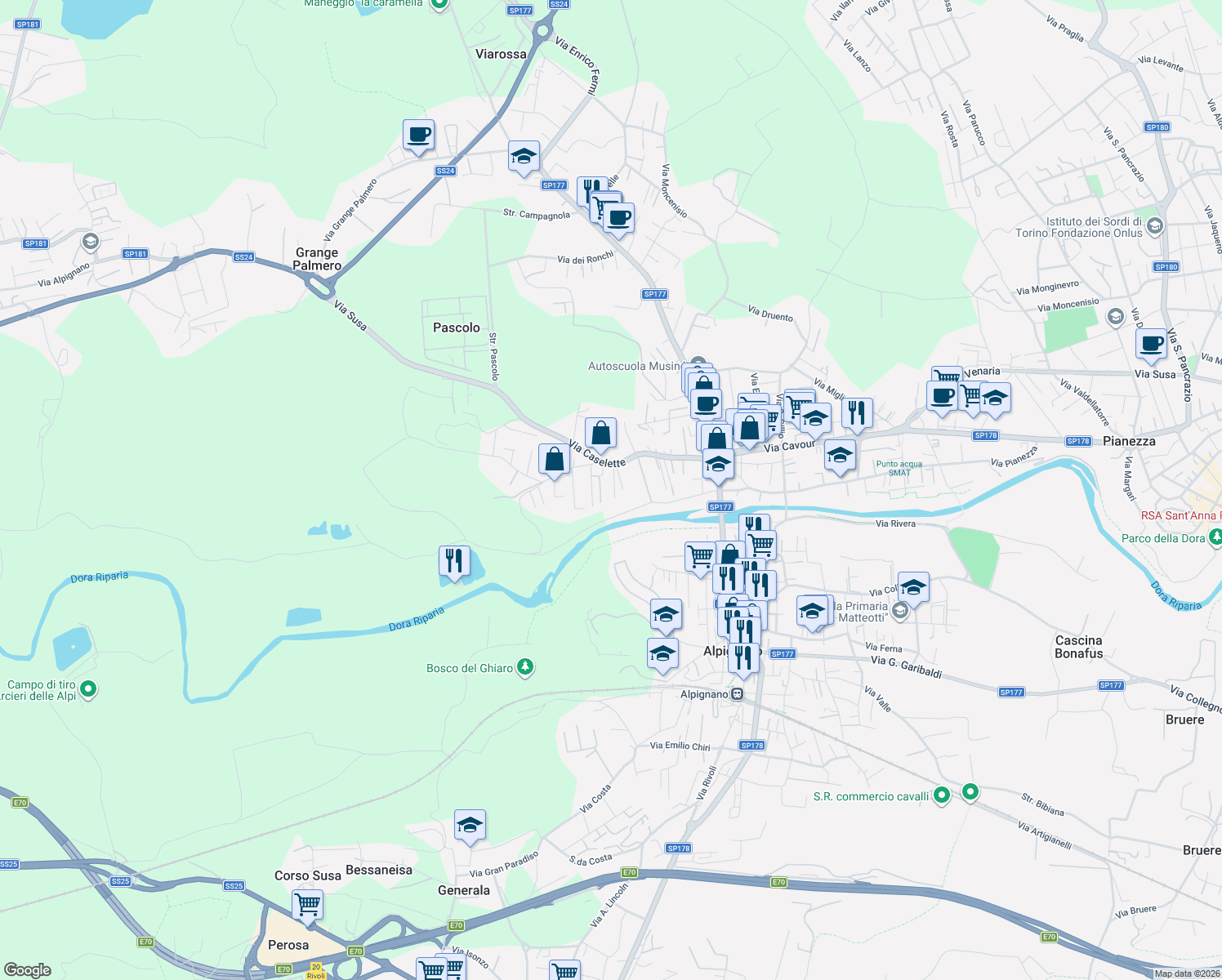 map of restaurants, bars, coffee shops, grocery stores, and more near 45 Via Caselette in Alpignano