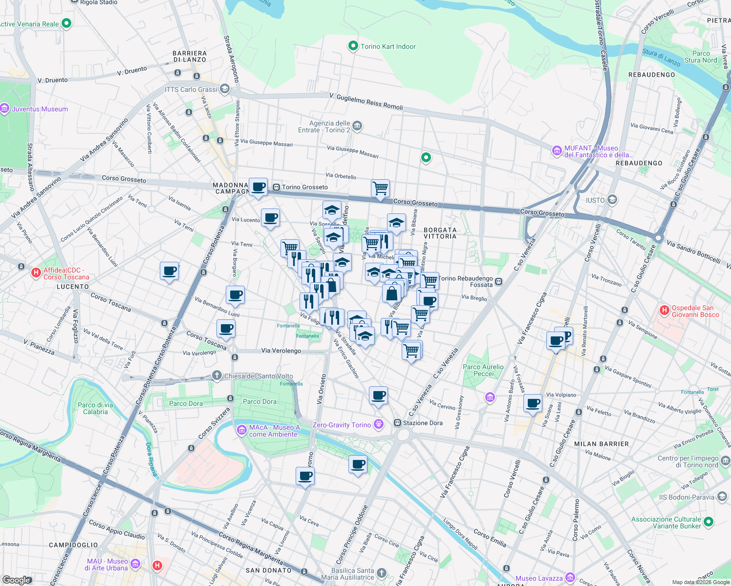 map of restaurants, bars, coffee shops, grocery stores, and more near 111 Via Breglio in Torino