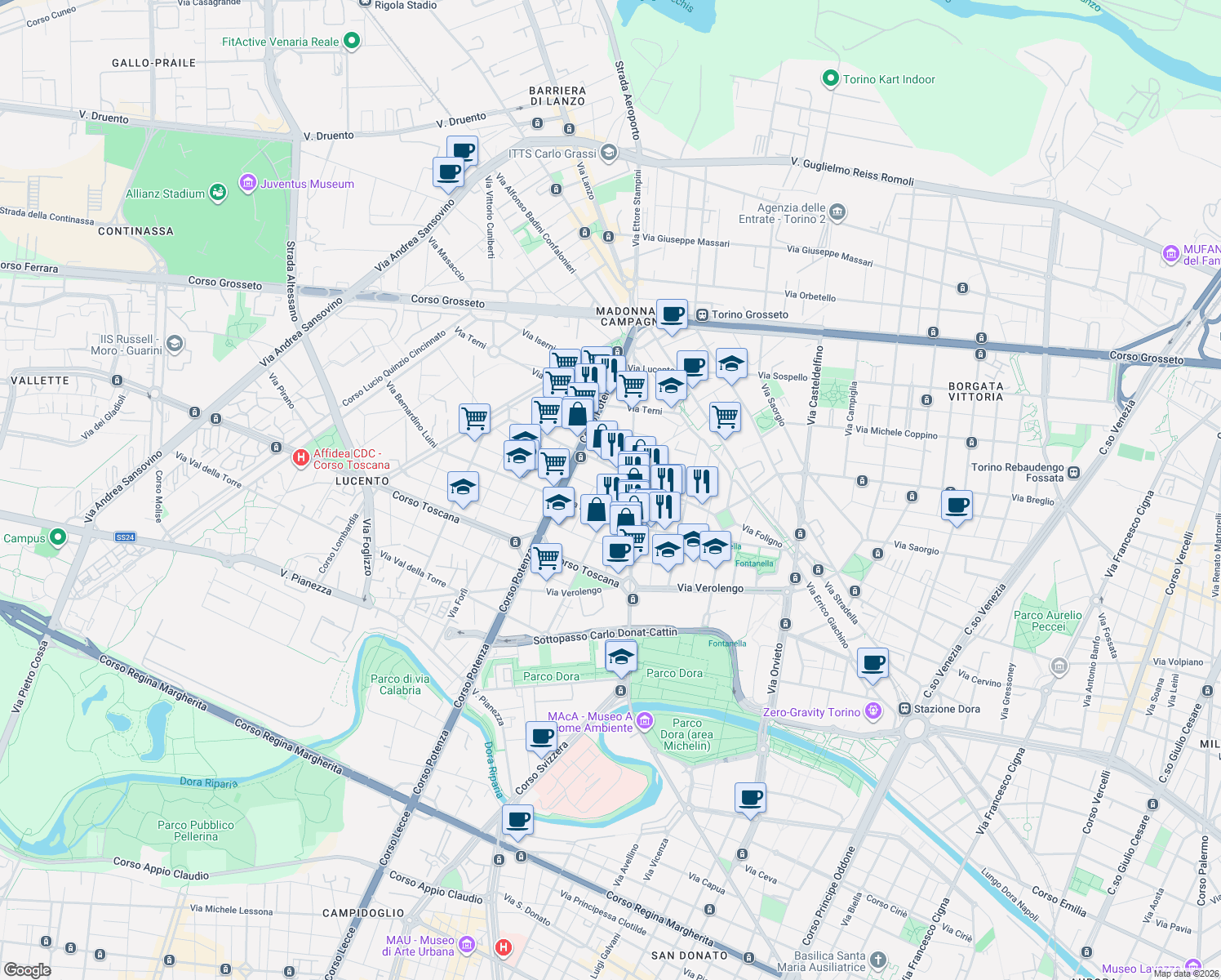 map of restaurants, bars, coffee shops, grocery stores, and more near 4 Via Giovan Battista Quadrone in Torino
