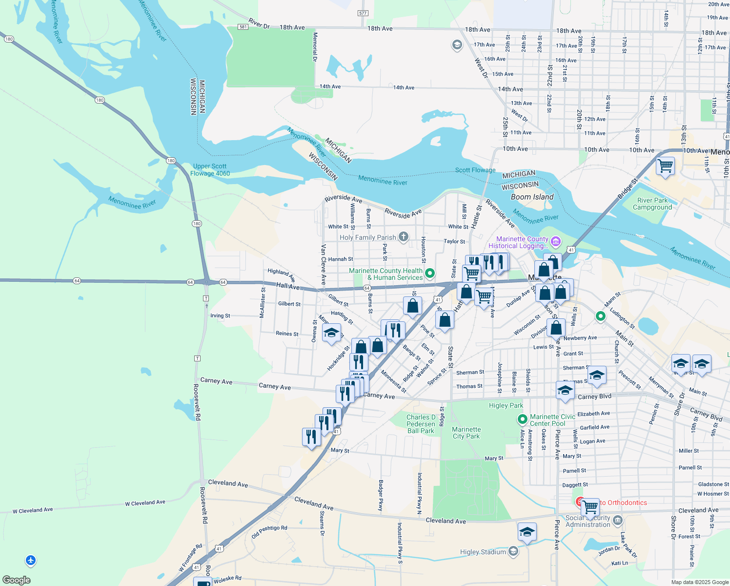 map of restaurants, bars, coffee shops, grocery stores, and more near 2907 Hall Avenue in Marinette