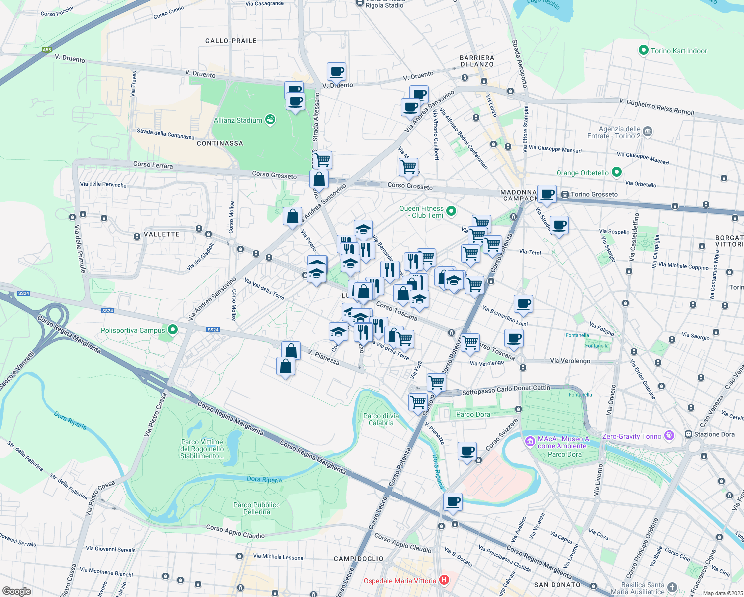 map of restaurants, bars, coffee shops, grocery stores, and more near 99 Corso Toscana in Torino