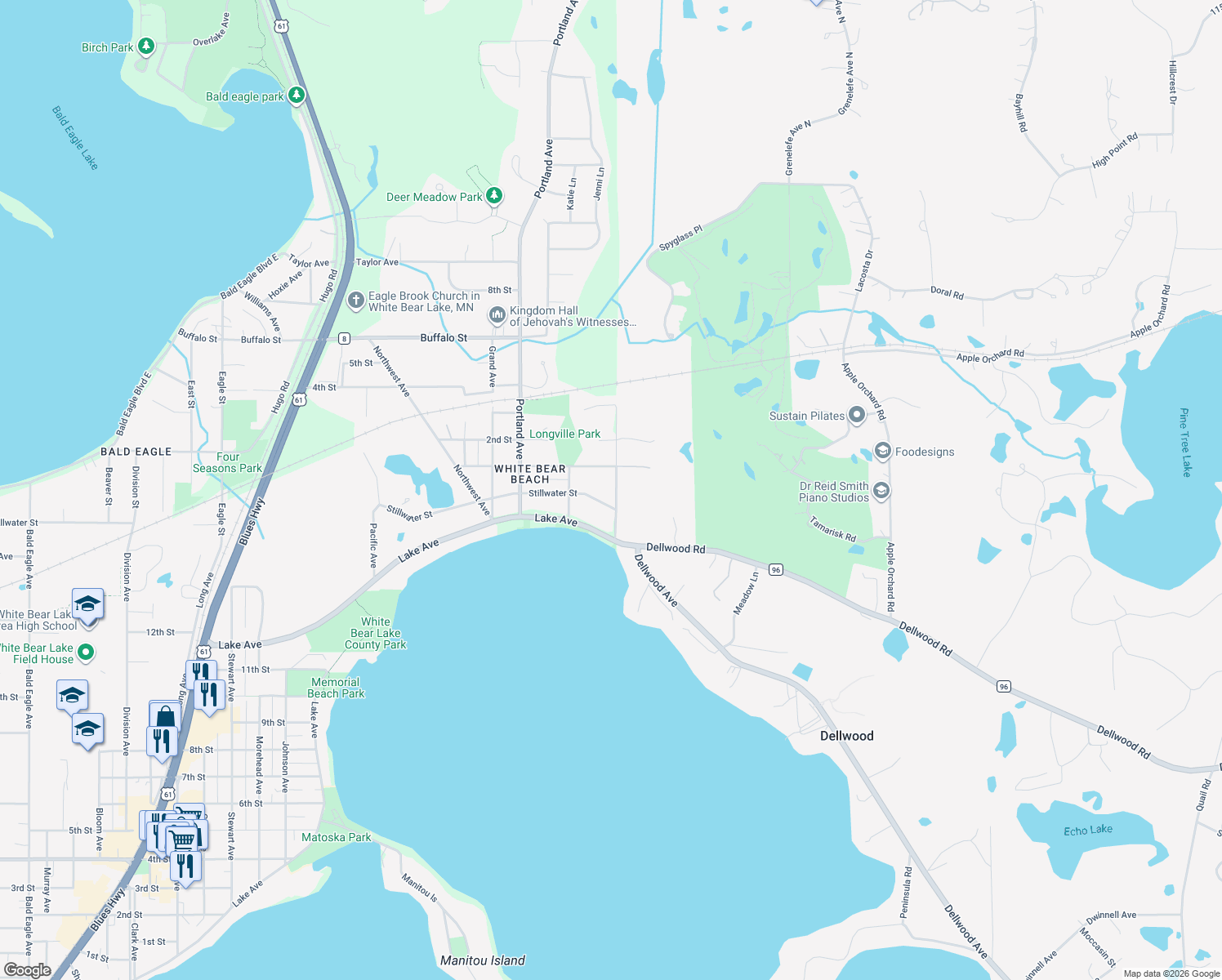 map of restaurants, bars, coffee shops, grocery stores, and more near 5211 East County Line Road North in White Bear Lake