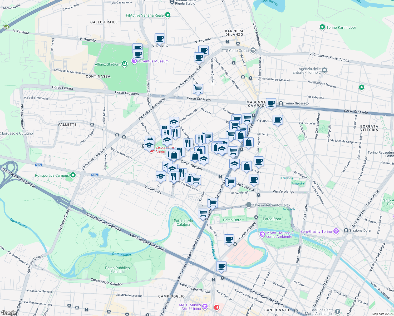 map of restaurants, bars, coffee shops, grocery stores, and more near 34a Via Emilio Brusa in Torino
