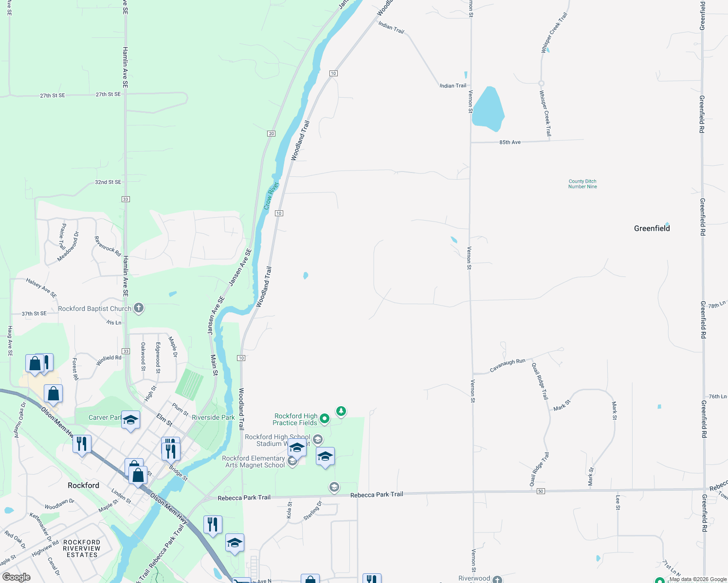 map of restaurants, bars, coffee shops, grocery stores, and more near 8005 Cedar Street in Rockford