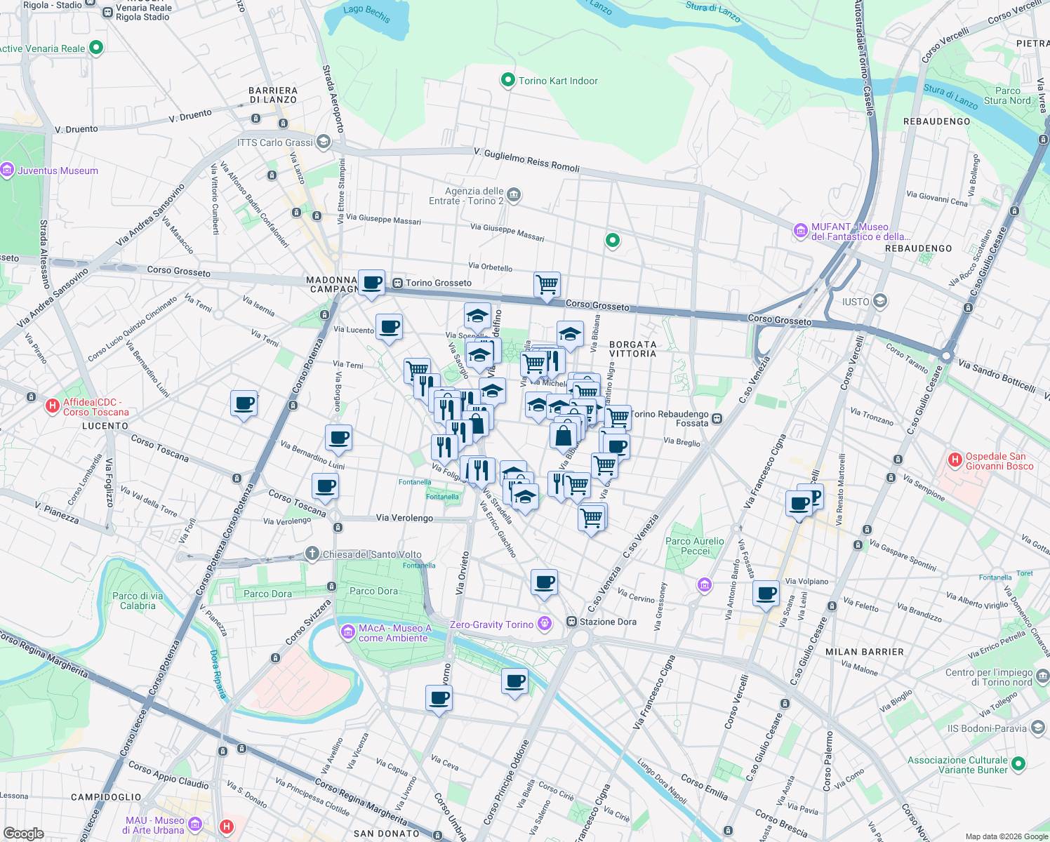 map of restaurants, bars, coffee shops, grocery stores, and more near 111 Via Breglio in Torino