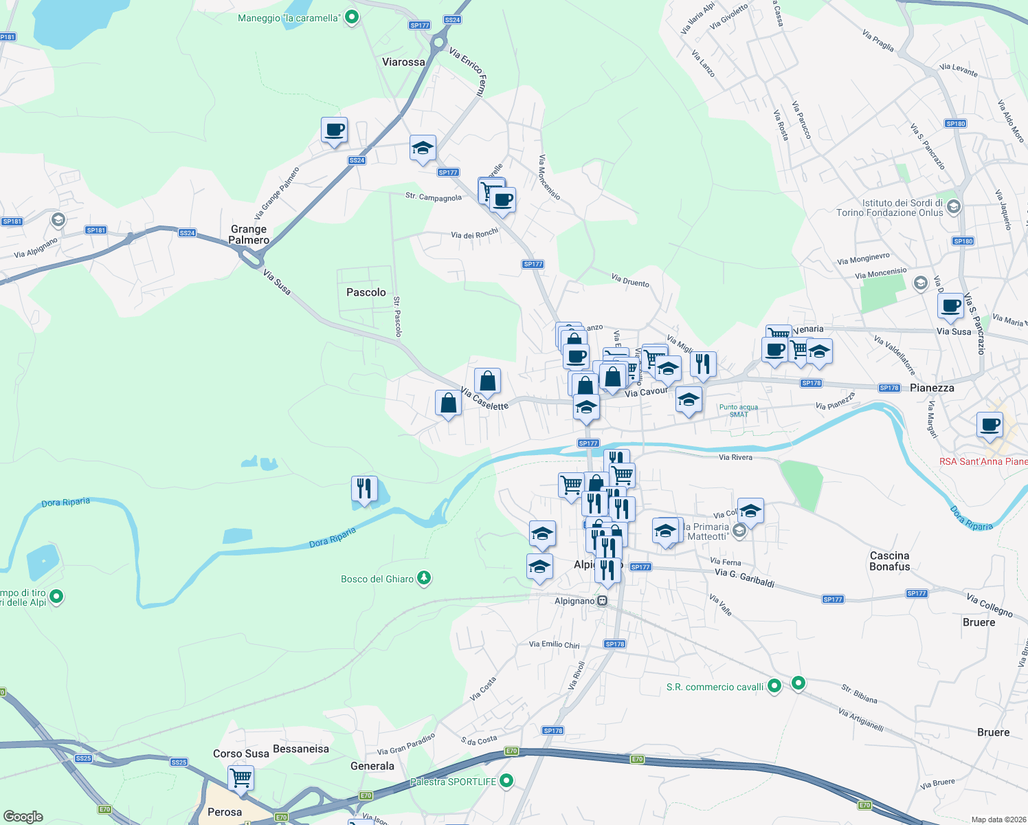 map of restaurants, bars, coffee shops, grocery stores, and more near 45 Via Caselette in Alpignano