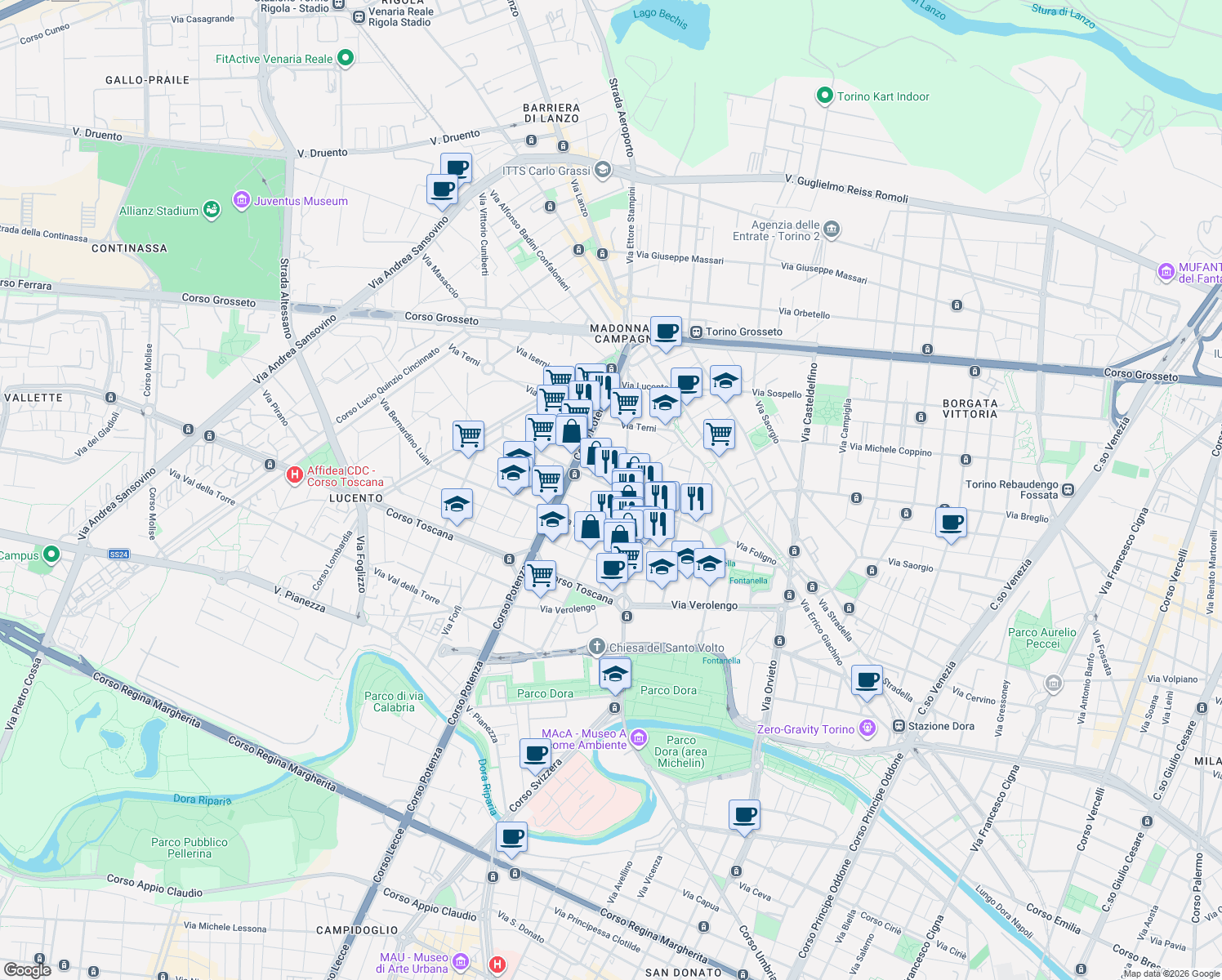 map of restaurants, bars, coffee shops, grocery stores, and more near 4 Via Giovan Battista Quadrone in Torino