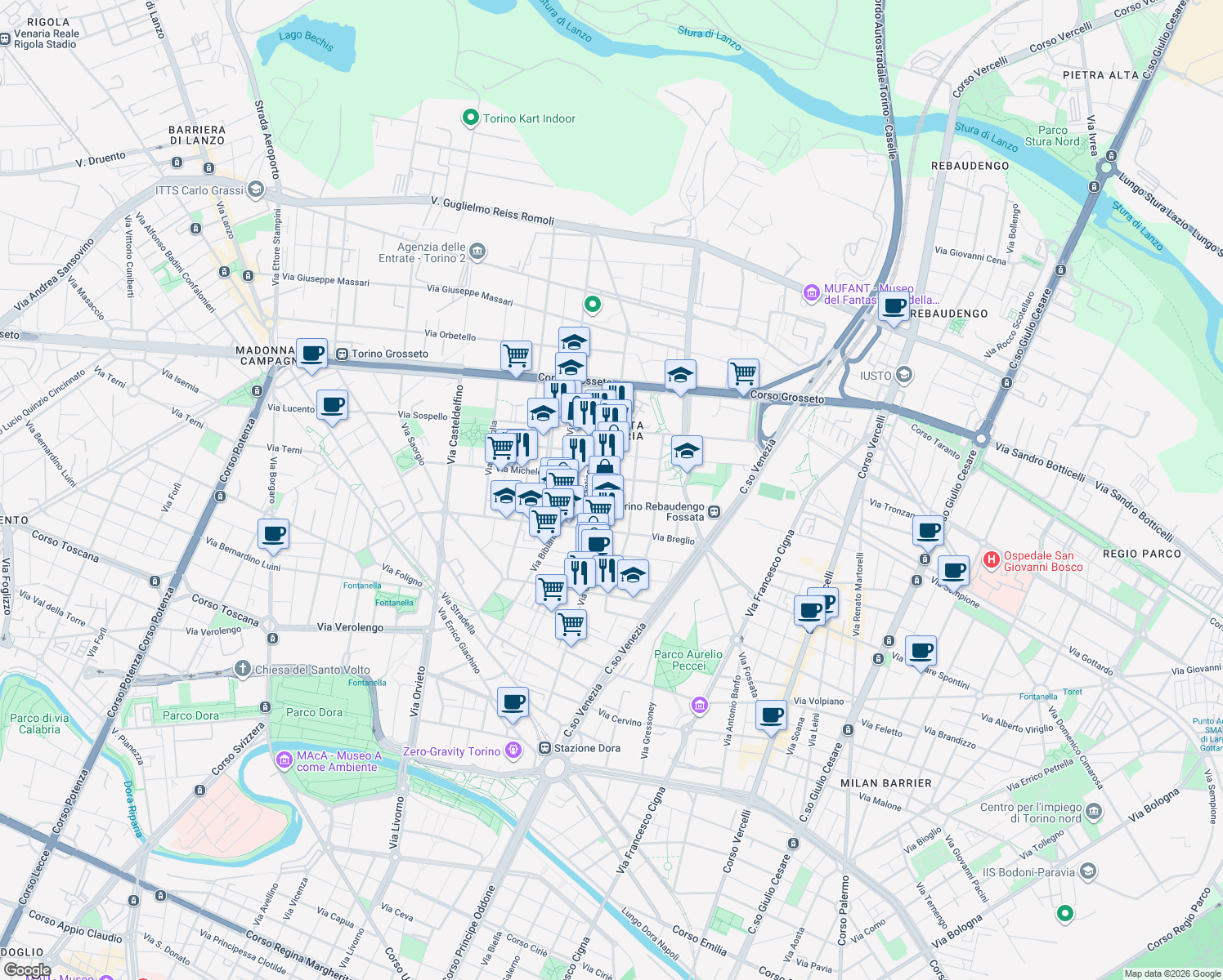 map of restaurants, bars, coffee shops, grocery stores, and more near 57 Via Michele Coppino in Torino