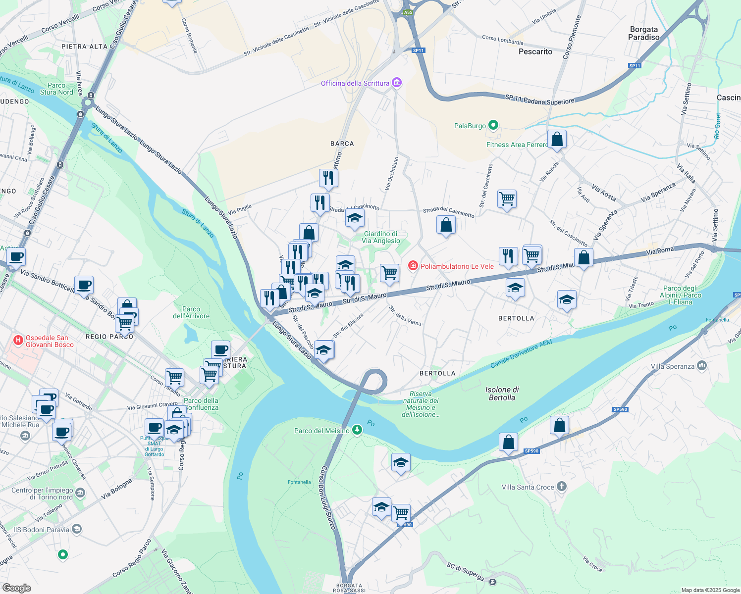 map of restaurants, bars, coffee shops, grocery stores, and more near 99 Strada di San Mauro in Torino