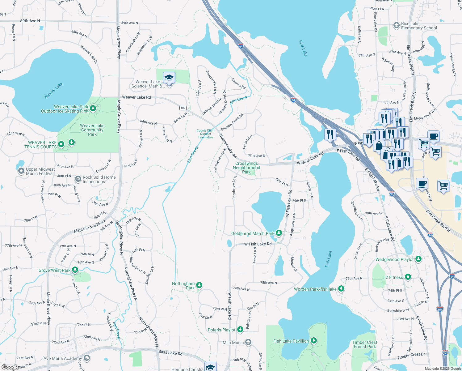 map of restaurants, bars, coffee shops, grocery stores, and more near 8015 Ranchview Lane North in Maple Grove