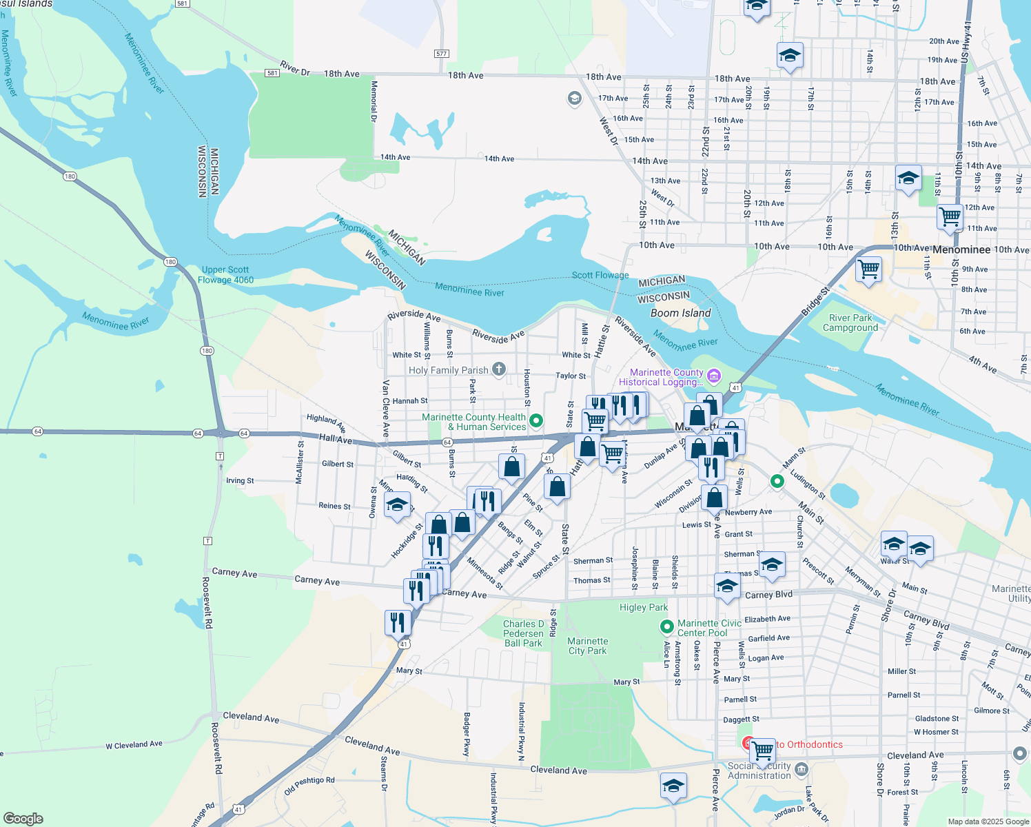 map of restaurants, bars, coffee shops, grocery stores, and more near 2616 Parkridge Avenue in Marinette