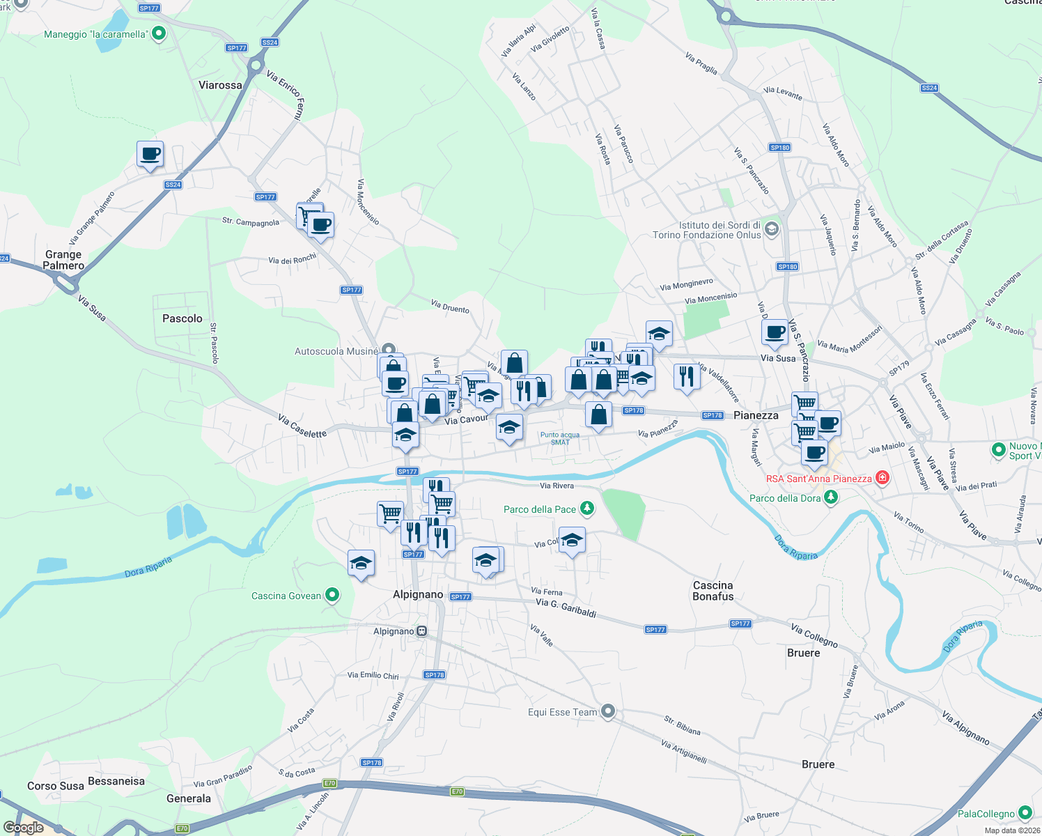 map of restaurants, bars, coffee shops, grocery stores, and more near 13 Via Gioacchino Rossini in Alpignano