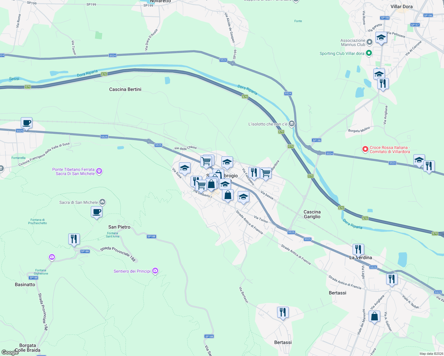 map of restaurants, bars, coffee shops, grocery stores, and more near SS25 in Sant'ambrogio di Torino