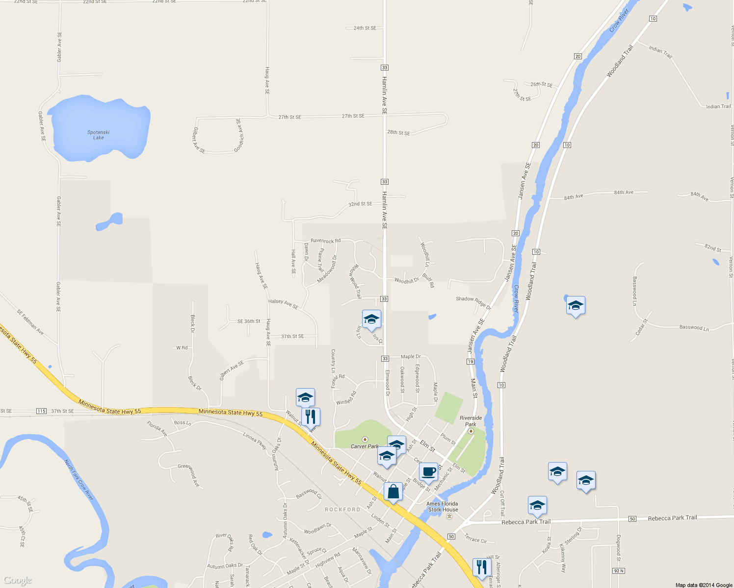 map of restaurants, bars, coffee shops, grocery stores, and more near 5231 Meadow Lakes Trail in Rockford