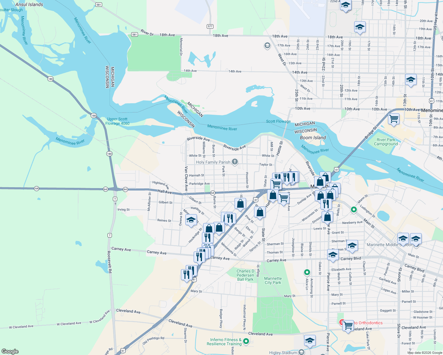 map of restaurants, bars, coffee shops, grocery stores, and more near 413 Park Street in Marinette